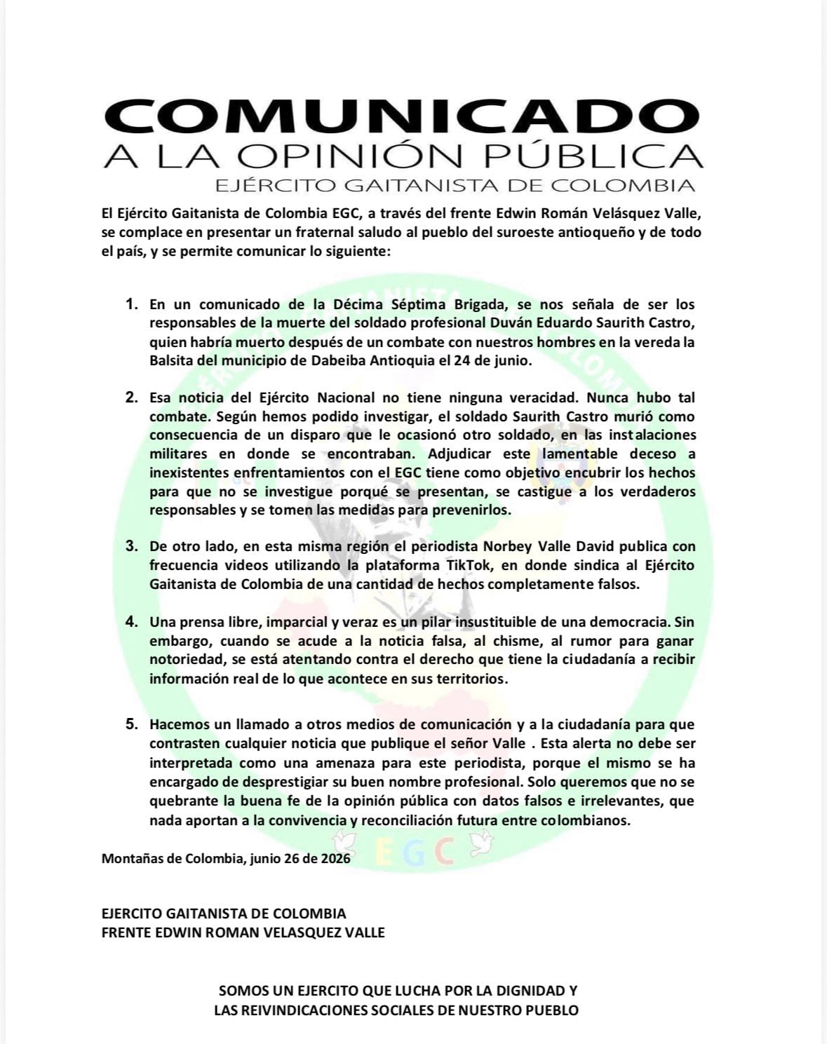El comunicado del Clan del Golfo también apuntó contra el trabajo periodístico de Norbey Valle David - crédito @soygaitanista/X