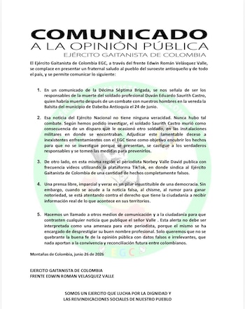 El comunicado del Clan del Golfo también apuntó contra el trabajo periodístico de Norbey Valle David - crédito @soygaitanista/X