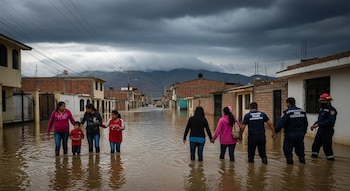 Grupo de personas, incluyendo adultos, niños y personal de emergencia, camina por una calle inundada frente a casas. Cielo nublado y montañas al fondo.