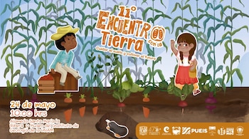 Ilustración de dos niños en un campo de maíz, uno sentado en una caja de tomates y otro con una canasta, rodeados de zanahorias, remolachas y un topo bajo tierra.