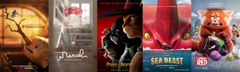 En esta combinación de imágenes, el arte promocional de las nominadas al Oscar a mejor largometraje animado, de izquierda a derecha, "Guillermo del Toro's Pinocchio", "Marcel the Shell with Shoes On", "Puss in Boots: The Last Wish", "The Sea Beast" y "Turning Red". (Netflix/A24/Universal/Netflix/Walt Disney vía AP)
