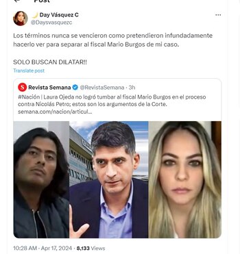 Day Vásquez dice que Laura Ojeda buscaba dilatar el proceso con su tutela - crédito @Daysvasquezc
