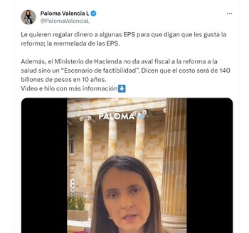 Paloma Valencia habla acerca de preocupaciones que tiene sobre la reforma a la salud - crédito @PalomaValenciaL
