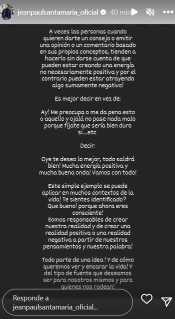 Mensaje de Jean Paul Santa María. Créditos - Instagram