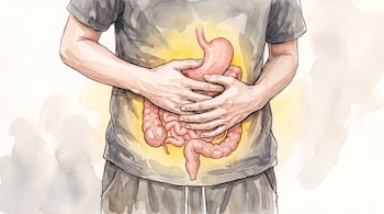 Ilustración de una persona de pie que se sujeta el abdomen con ambas manos. El sistema digestivo, estómago e intestinos, se muestra visible con una luz amarilla.