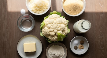 Vista aérea de ingredientes de cocina como coliflor, mantequilla, harina, leche, agua, sal, especias, queso y pan rallado en una mesa de madera.