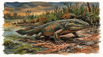 Ilustración en acuarela de una criatura con escamas y aletas sobre el lodo junto al agua, rodeada de helechos y vegetación.