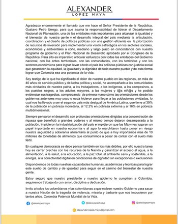 Carta con la que Álex López agradeció nombramiento en el DNP