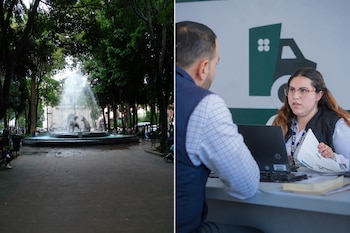 Fotografía dividida con una fuente con esculturas en un parque a la izquierda y una empleada frente a un usuario en una oficina a la derecha.