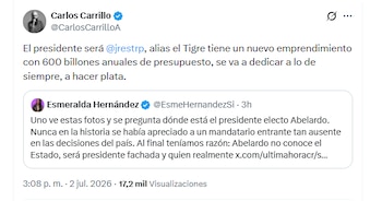 El exdirector de la Ungrd Carlos Carrillo aseguró que José Manuel Restrepo, vicepresidente electo, será la persona que ejerza la Presidencia de Colombia, y no el mandatario electo, Abelardo de la Espriella - crédito @CarlosCarrilloA/X