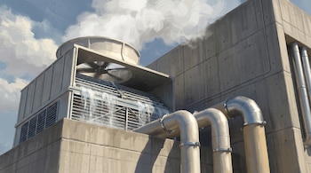 Ilustración de una torre de refrigeración con extractor superior, caída de agua sobre rejillas, tuberías gruesas y muros de hormigón.