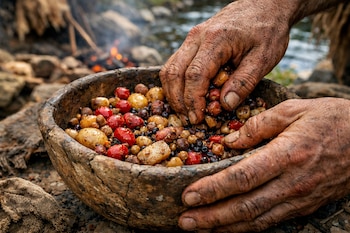 Primer plano de manos prehistóricas mezclando semillas, tubérculos y bayas en un recipiente de cerámica. Al fondo, un fuego y un río.