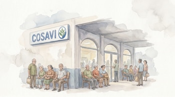 Ilustración acuarela de una sucursal bancaria COSAVI. Un grupo de seis personas mayores sentadas y cuatro adultos de pie esperan afuera.