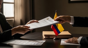 Manos intercambiando documentos de solicitud de pensión de sobreviviente sobre una mesa. Una bandera de Colombia y un documento de dictamen de invalidez son visibles.