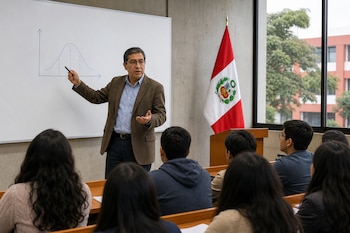 Un hombre de traje explica un gráfico en una pizarra blanca frente a varios estudiantes y una bandera de Perú.