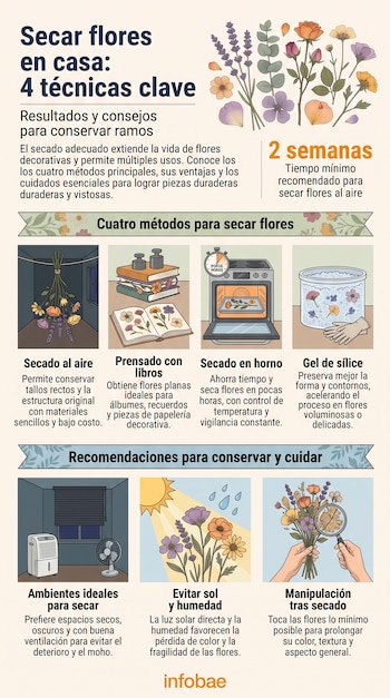 Infografía ilustrada con cuatro técnicas para secar flores y tres consejos de conservación sobre un fondo claro con el logotipo de Infobae.