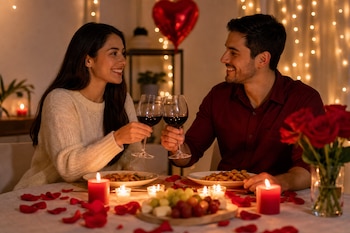 Un hombre y una mujer brindan con copas de vino tinto frente a una mesa decorada con velas, pétalos de rosa, platos y un florero.