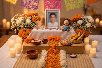 Altar con un retrato infantil, un muñeco tejido, flores de cempasúchil, pan de muerto, frutas, velas encendidas y papel picado.