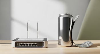 Router blanco y negro, dos antenas, seis puertos Ethernet, cable, mesa de madera, lata de aluminio cilíndrica, lata de aluminio cortada y curvada, fondo blanco.