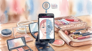 Teléfono móvil en soporte con ilustración de rostro dividido en piel y circuitos. Hay paletas de maquillaje, brochas, labiales, polvos, una lupa y un gráfico de barras.