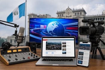 Una consola de sonido, micrófono, monitor, computadora portátil, teléfono móvil, cámara de video y la bandera de Guatemala.