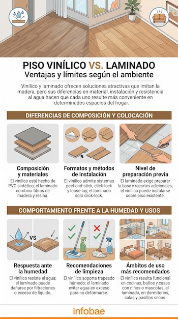Infografía comparativa sobre pisos vinílicos y laminados, con ilustraciones de materiales, métodos de colocación y resistencia al agua.