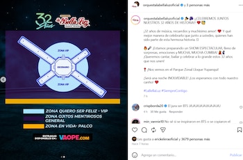 Captura de pantalla de una publicación en redes sociales con el diagrama de un escenario circular con pasarelas y la lista de zonas para el público