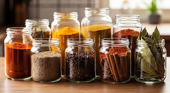 Nueve frascos de vidrio con especias como pimentón, comino, clavo, canela, anís estrellado, laurel, cúrcuma y pimienta, sobre una mesa de madera.