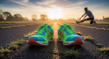 Primer plano de zapatillas de running verdes y azules en una pista de asfalto con rocío, con una persona estirándose al fondo bajo el sol del amanecer.