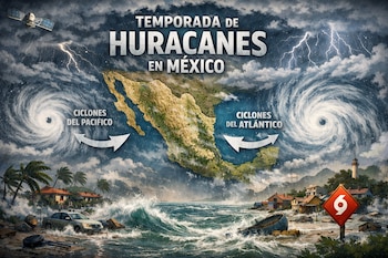 Ilustración de la temporada de huracanes en México. Se ven dos huracanes, un mapa del país, relámpagos, una costa afectada con casas, un coche y un barco.