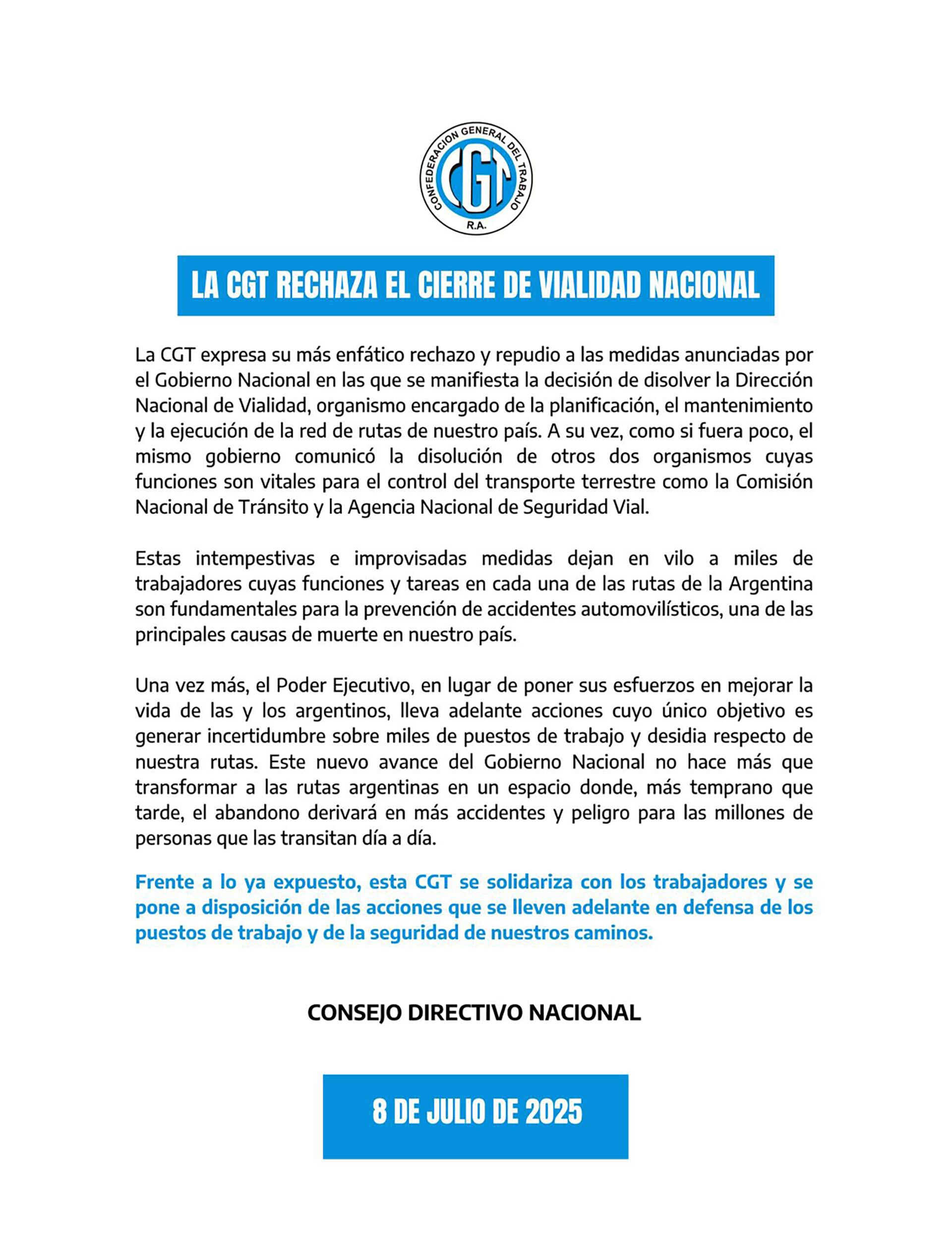 El comunicado difundido por la CGT