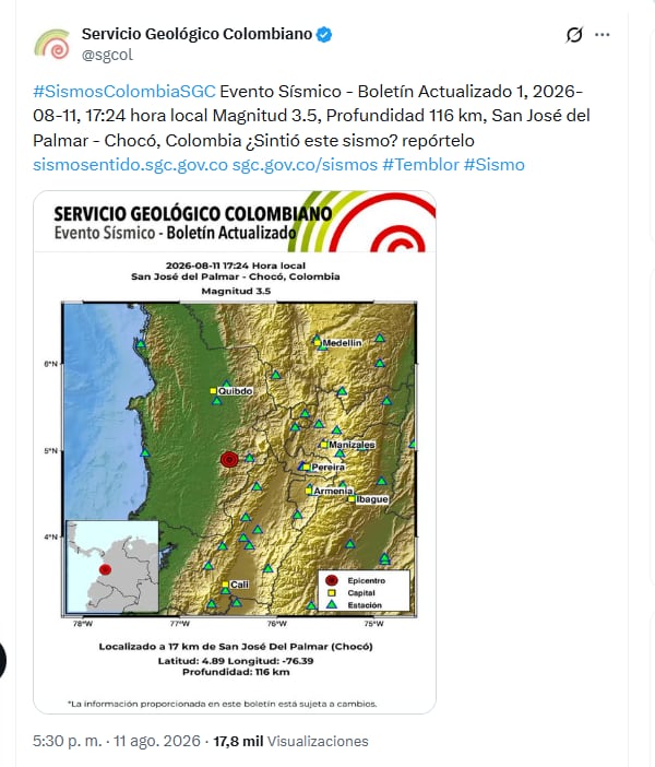 El Servicio Geológico Colombiano informó sobre un sismo de 3,5 de magnitud en Chocó - crédito @sgcol/X