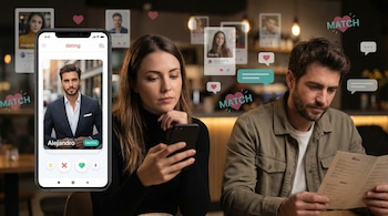 Una mujer mira su smartphone con una app de citas mostrando un hombre. A su lado, un hombre real lee un menú, con perfiles digitales flotando en el fondo y burbujas de chat.