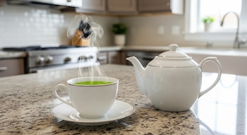 Taza blanca de té verde humeante y tetera blanca sobre mesada de granito en cocina moderna con estufa y ventana al fondo.