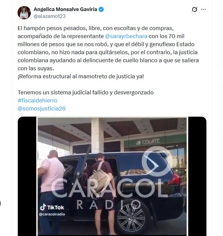 La exfiscal Angélica Monsalve criticó fuertemente la decisión judicial de liberar a Emilio Tapia - crédito @alazamo123/X
