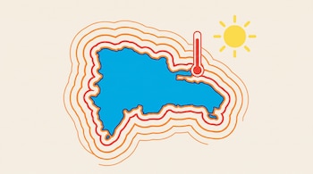 Mapa azul de República Dominicana, ondas naranjas y rojas alrededor, sol amarillo y termómetro rojo con mercurio alto, sobre fondo beige.