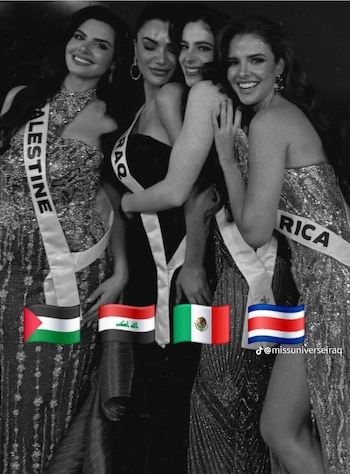 Fotografías emblemáticas de Hanin y Fátima, junto a representantes del certamen, resaltan el mensaje de unidad y apoyo mutuo. (TikTok/ @missuniverseiraq)
