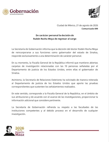 La Secretaría de Gobernación publicó a través de sus redes sociales su posicionamiento sobre el regreso de Rubén Rocha Moya a gobierno de Sinaloa