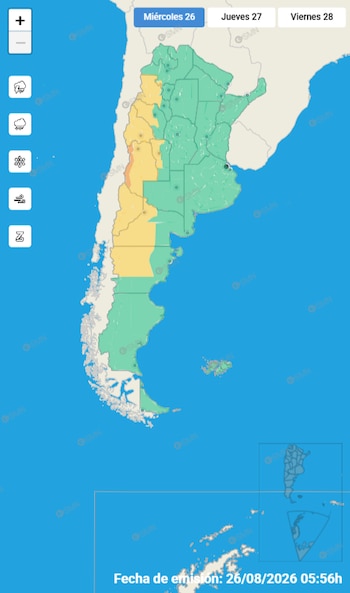 Mapa interactivo de Argentina dividido por provincias con áreas en color verde, amarillo y naranja, e íconos de clima a la izquierda