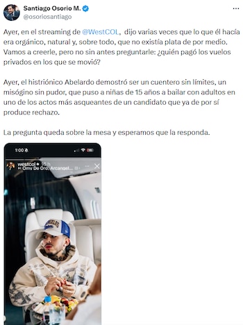Santiago Osorio cuestionó quién financió los vuelos privados utilizados para la transmisión y pidió explicaciones sobre la logística del evento. - crédito @osoriosantiago/X