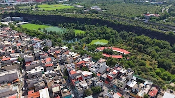 Vista aérea de casas urbanas junto a una zona verde con árboles, campos deportivos, un estanque y una grúa de construcción