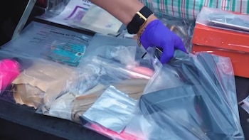 Una persona con guantes morados manipula bolsas plásticas transparentes de cadena de custodia que contienen un arma negra