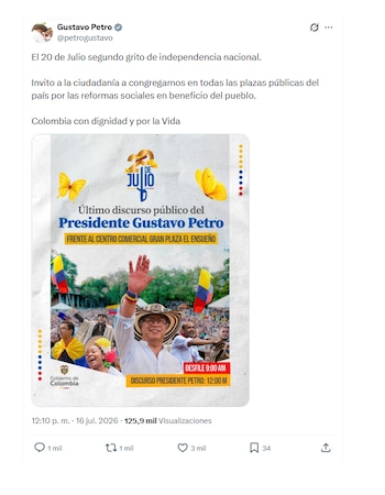 Invitación de Gustavo Petro a la jornada del 20 de julio