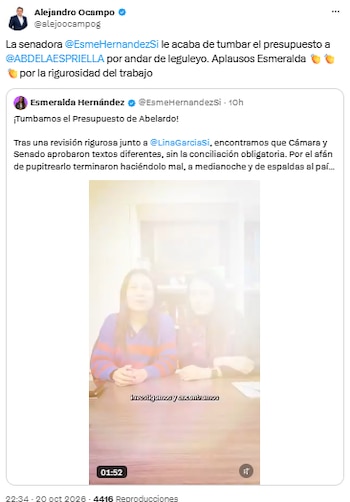 Alejandro Ocampo celebró la denuncia de Esmeralda Hernández sobre el presupuesto - crédito @alejoocampog/X
