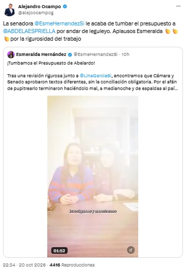 Alejandro Ocampo celebró la denuncia de Esmeralda Hernández sobre el presupuesto - crédito @alejoocampog/X
