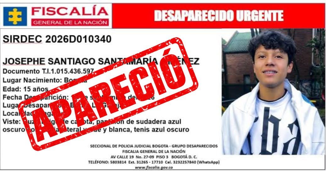 El adolescente de 15 años fue localizado por el CTI de la Fiscalía en el centro de Bogotá. - crédito @SeguridadBOG/X