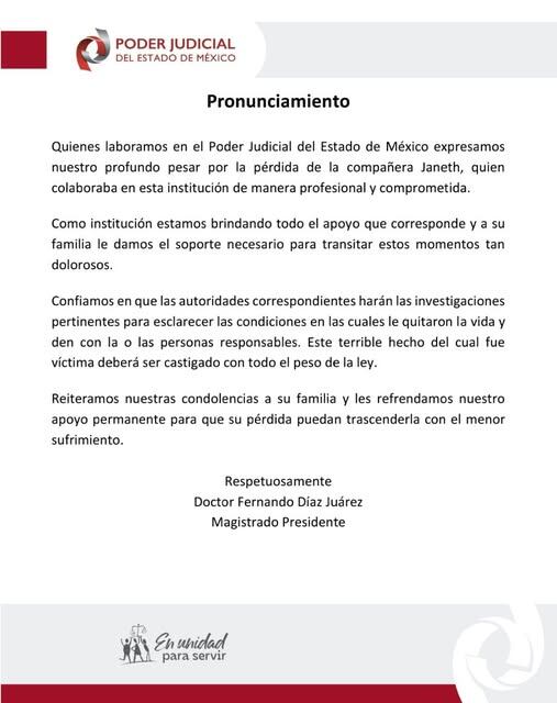 La institución envió su pésame a la familia de la fallecida y aseguró que tienen todo su apoyo durante la situación tan dolorosa por la que atraviesan. (PJEM)