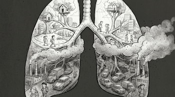 Ilustración de un pulmón humano como ciudad. La mitad superior muestra árboles, casas y niños sin mascarilla; la inferior, fábricas, autos, smog y niños con mascarilla.