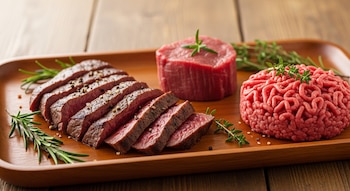 Uma travessa de madeira com bife cozido fatiado, bife cru e carne picada, guarnecido com raminhos de alecrim e tomilho.