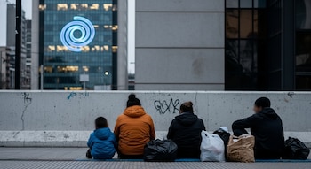 Una familia con un niño, de espaldas, sentada en el suelo con pertenencias frente a un muro de cemento. Al fondo, un edificio moderno de oficinas con un logo espiral azul brillante.